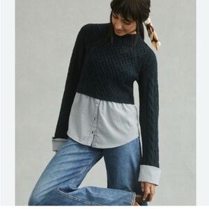 Anthropologie Maeve Textured Knit Sweater with Built in striped shirt Medium